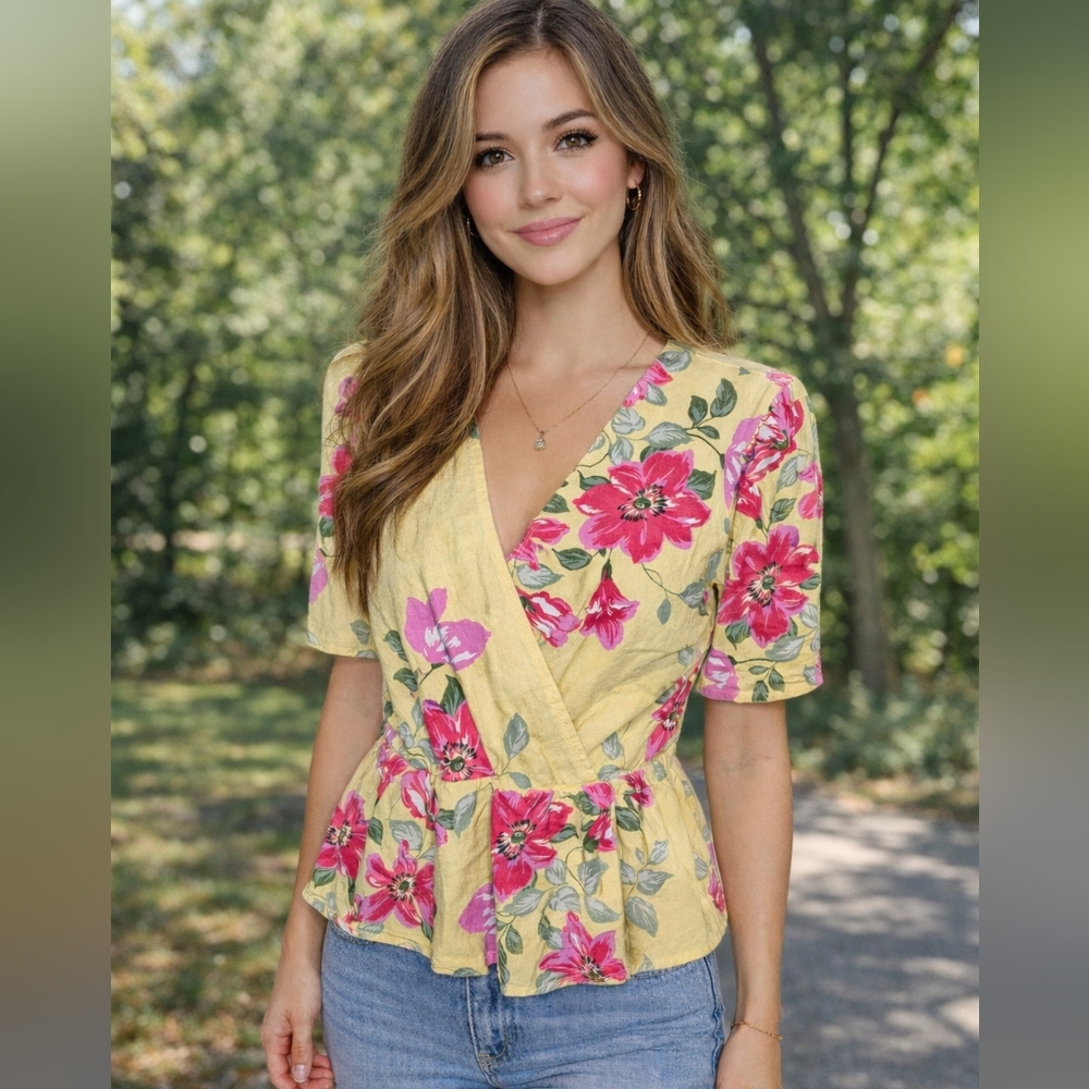 Floral Wrap Peplum Top in Yellow with Pink Flowers